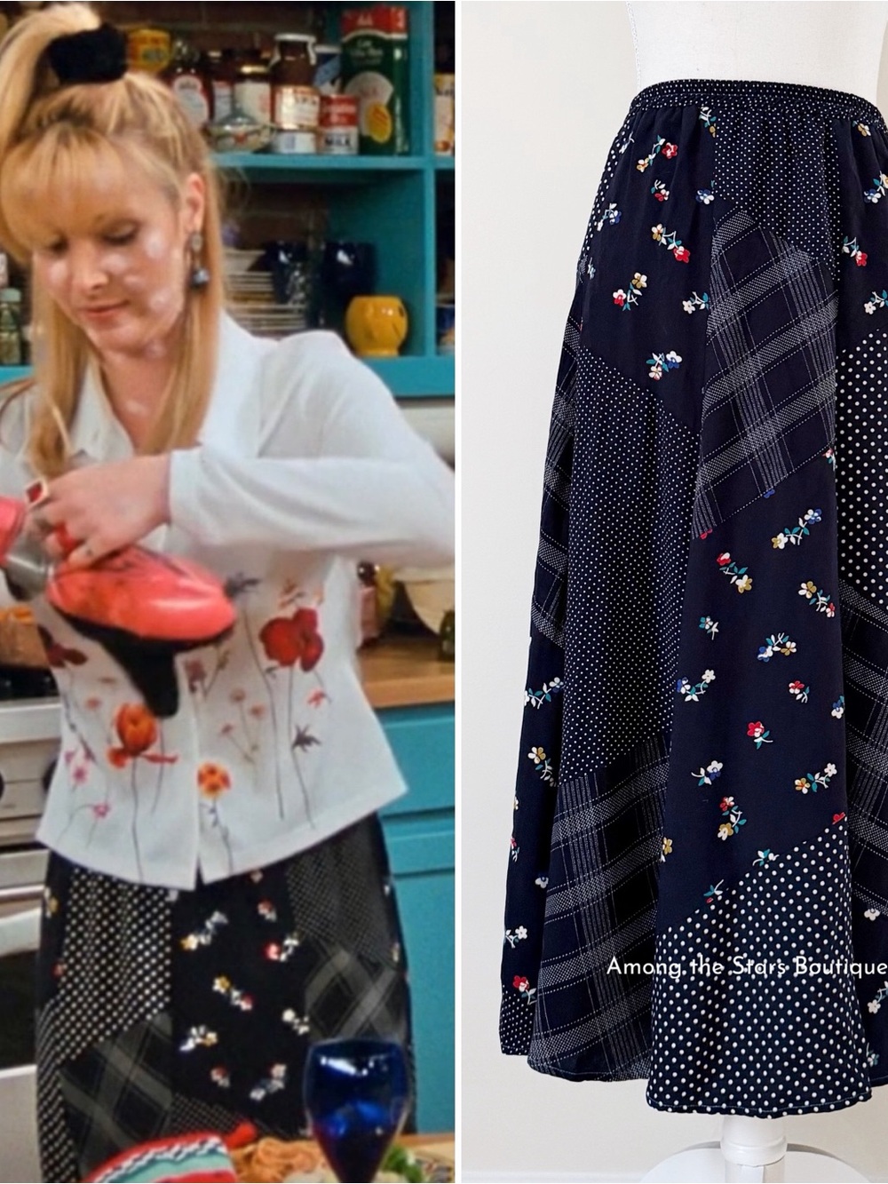 Super Rare 90s Navy Blue Patchwork Maxi Dress ASO Phoebe Buffay in Friends